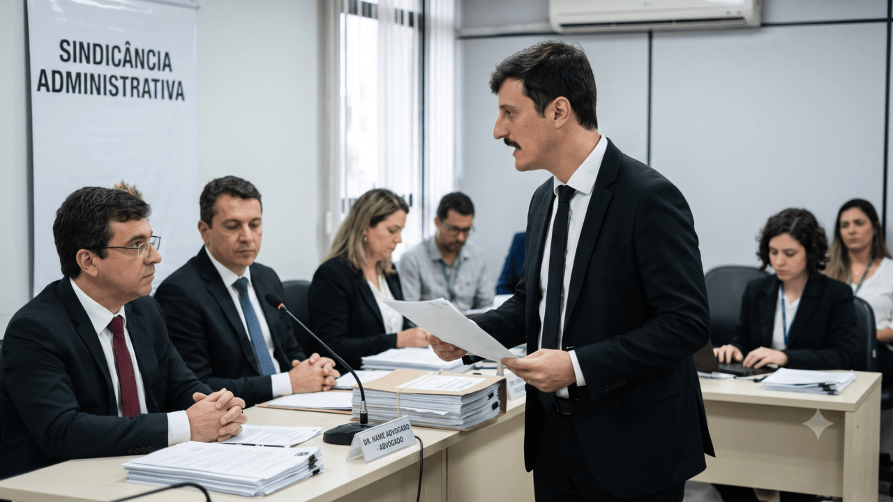Documentos jurídicos sobre uma mesa durante o processo de sindicância administrativa