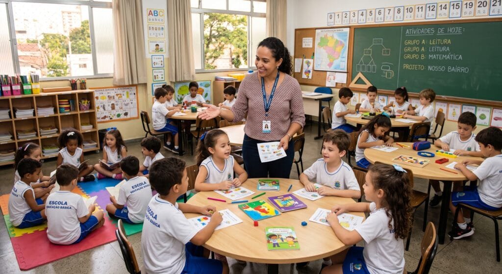 Professora exercendo função de magistério em instituição de ensino infantil e fundamental