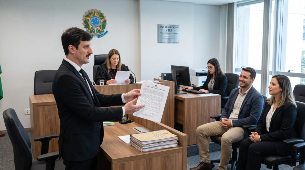 Advogados analisando documentos para homologação de transação extrajudicial.
