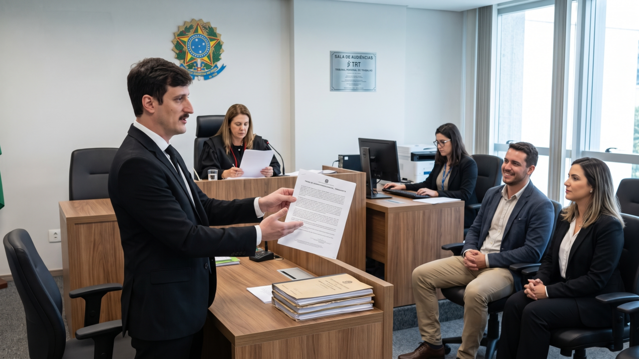 Advogados analisando documentos para homologação de transação extrajudicial.