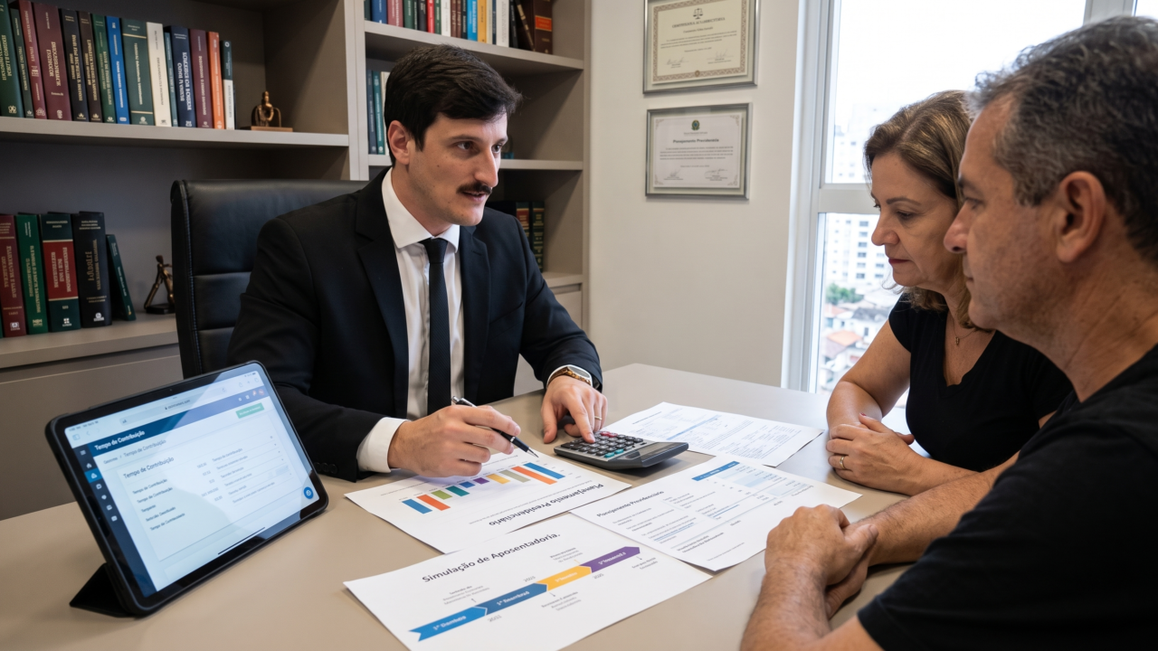 Profissionais analisando documentos durante um planejamento previdenciário