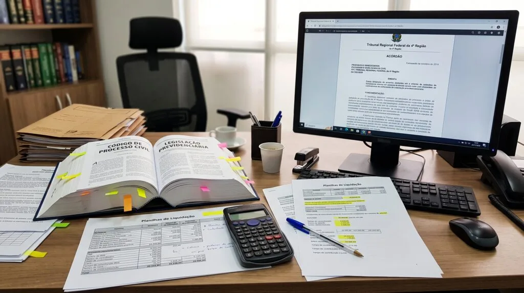 Mesa de trabalho com jurisprudência e aplicação da Súmula 2 da TNU no cálculo previdenciário