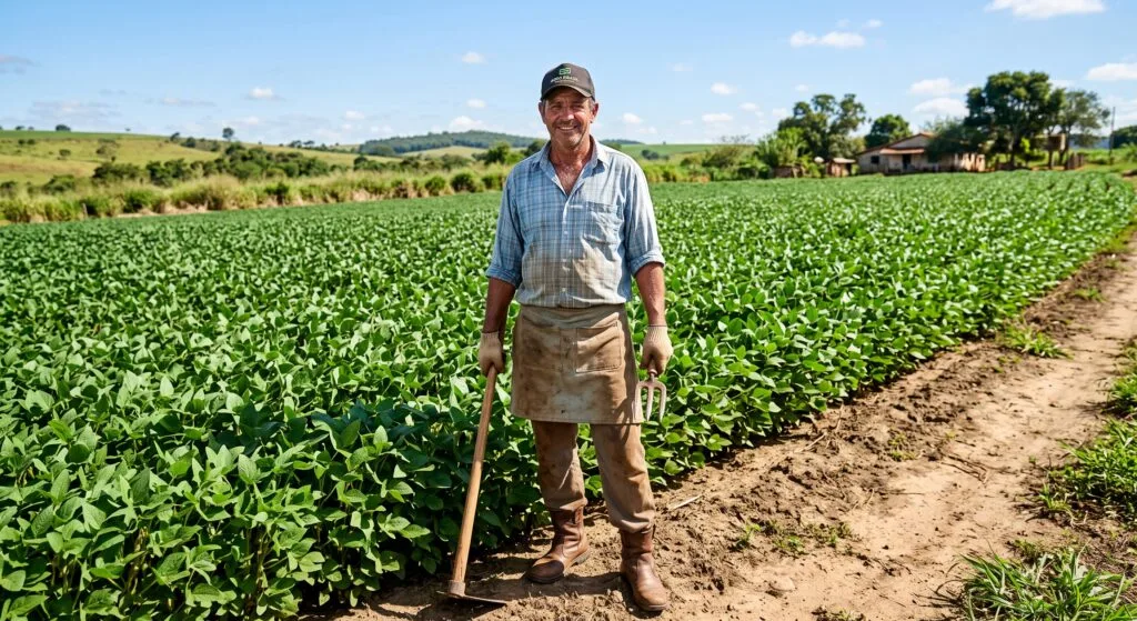 Trabalhador rural em campo agrícola exercendo atividade especial rural com ferramentas manuais